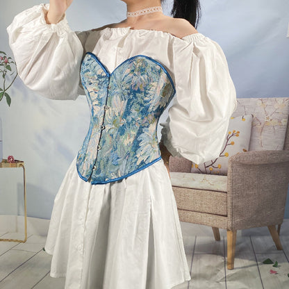 Retro Oil Panting Strapless Sweetheart Corset Bustier Top - Blue Daisy