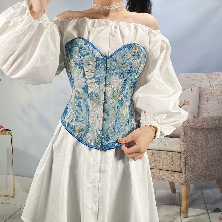 Retro Oil Panting Strapless Sweetheart Corset Bustier Top - Blue Daisy