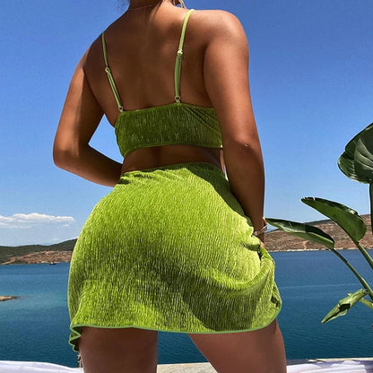 Textured Velvet Bikini Skirt 3Pc Set - Matcha Green