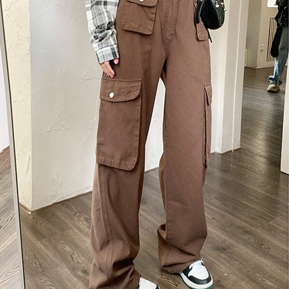 High Waist Pocket Detail Cargo Wide Leg Trousers in Brown