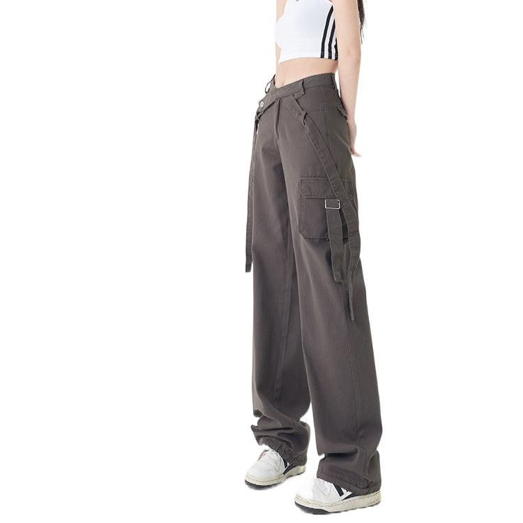 High Street Retro Strap Detail Cargo Utility Parachute Pants in Dark Grey