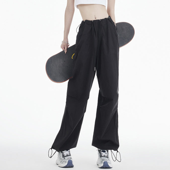 Retro Ruched Drawstring Waist Cargo Parachute Pants in Black