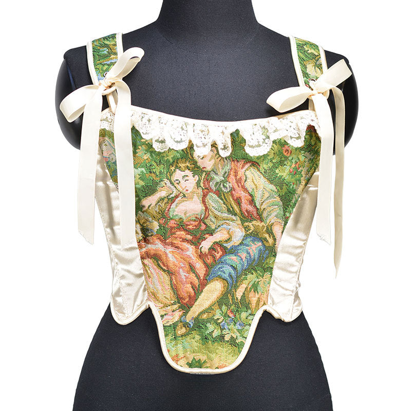 Renaissance Oil Panting Pattern Jacquard Lace Corset Top in Green