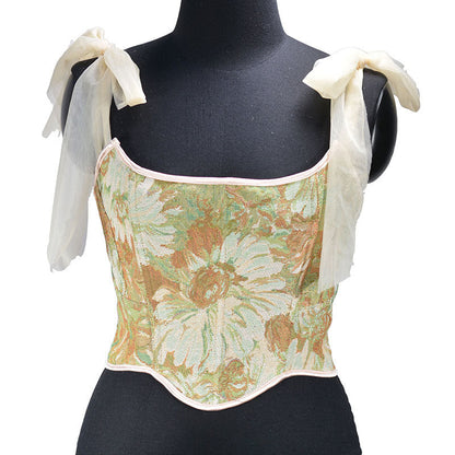 Renaissance Oil Panting Pattern Jacquard Tie-Strap Corset Top - Golden Daisy