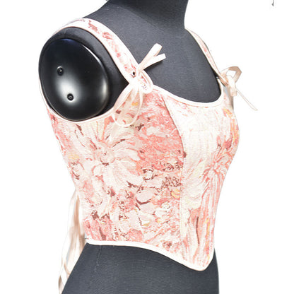 Renaissance Oil Panting Pattern Jacquard Tie-Strap Corset Top - Pink Daisy