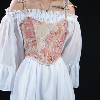 Renaissance Oil Panting Pattern Jacquard Tie-Strap Corset Top - Pink Daisy