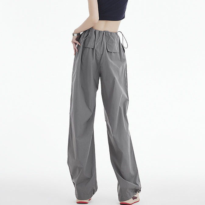 Retro Ruched Drawstring Waist Cargo Parachute Pants in Grey