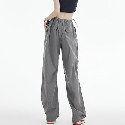 Retro Ruched Drawstring Waist Cargo Parachute Pants in Grey