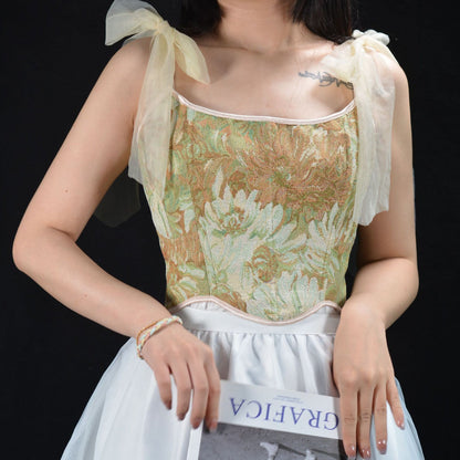 Renaissance Oil Panting Pattern Jacquard Tie-Strap Corset Top - Golden Daisy