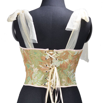 Renaissance Oil Panting Pattern Jacquard Tie-Strap Corset Top - Golden Daisy