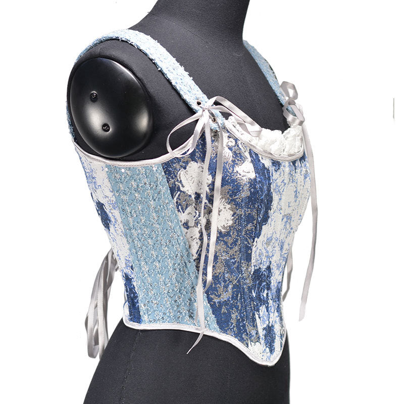 Renaissance Denim Floral Jacquard Lace Corset Top in Blue