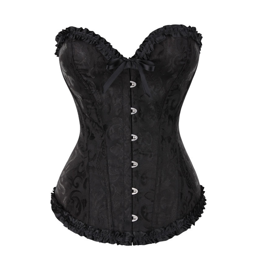 Retro Satin Obscure Jacquard Strapless Sweetheart Corset Bustier Top in Black