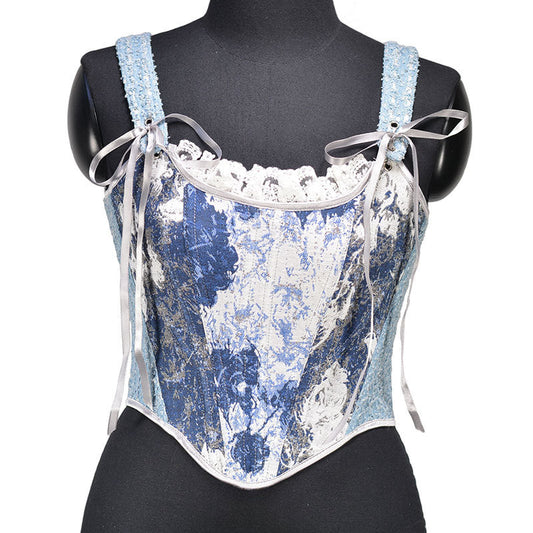 Renaissance Denim Floral Jacquard Lace Corset Top in Blue