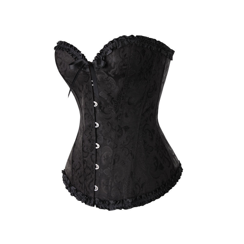 Retro Satin Obscure Jacquard Strapless Sweetheart Corset Bustier Top in Black