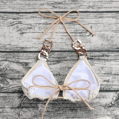 Blake Chain-trimmed Textured Triangle Bikini Top - Beige