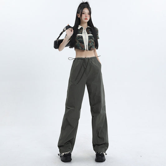 Retro Ruched Drawstring Waist Cargo Long Trousers in Grey Green