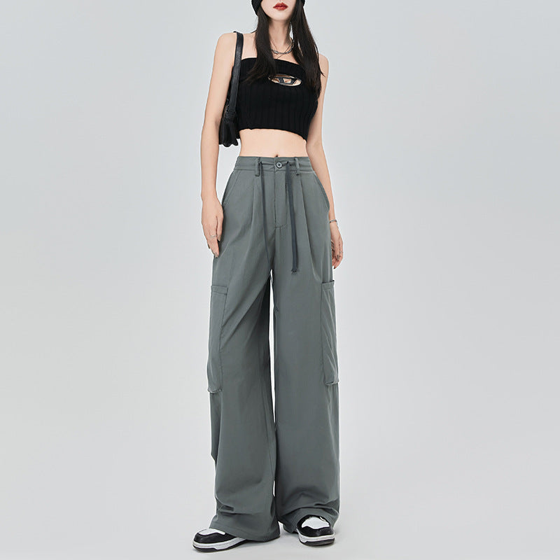 Pocket Detail Wide Leg Cargo Parachute Pants in Grey Green