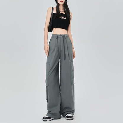 Pocket Detail Wide Leg Cargo Parachute Pants in Grey Green