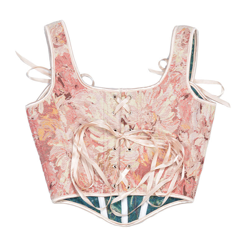 Renaissance Oil Panting Pattern Jacquard Tie-Strap Corset Top - Pink Daisy