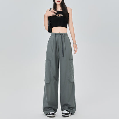 Pocket Detail Wide Leg Cargo Parachute Pants in Grey Green