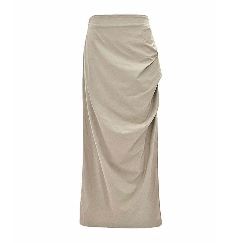 High Waist Ruched Split Maxi Cargo Skirt in Nude