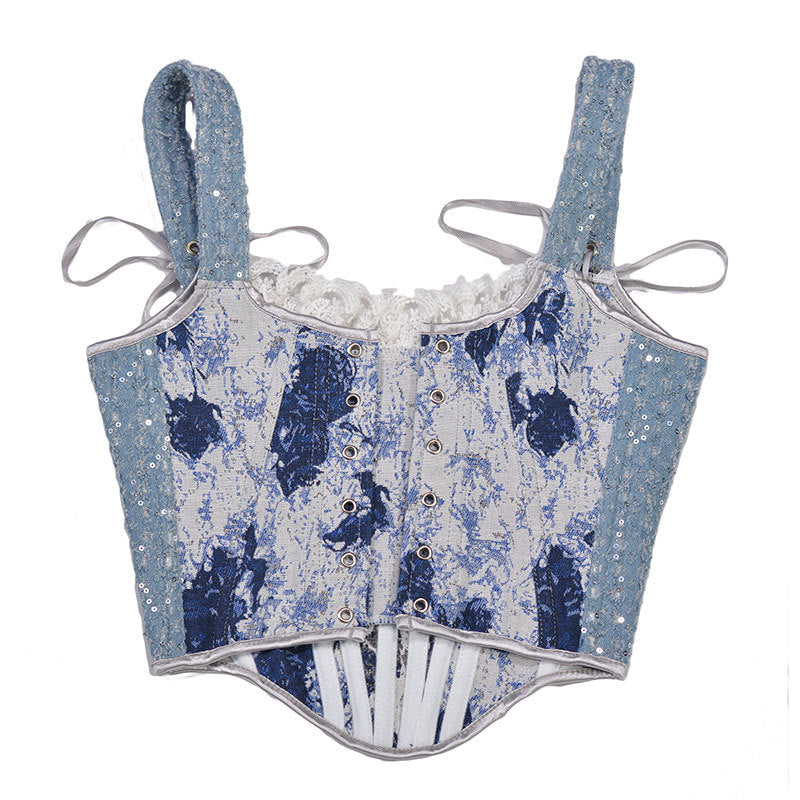 Renaissance Denim Floral Jacquard Lace Corset Top in Blue