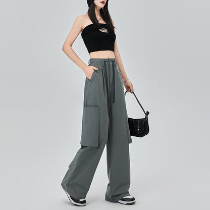 Pocket Detail Wide Leg Cargo Parachute Pants in Grey Green