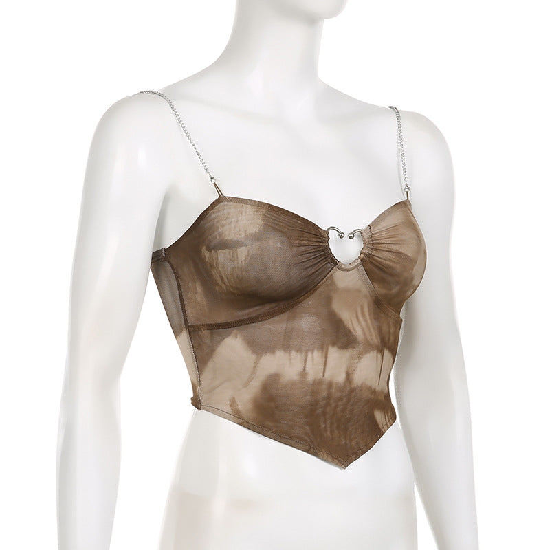 V-neck Tulle Heart Shape Cut-out Mesh Crop Top in Brown