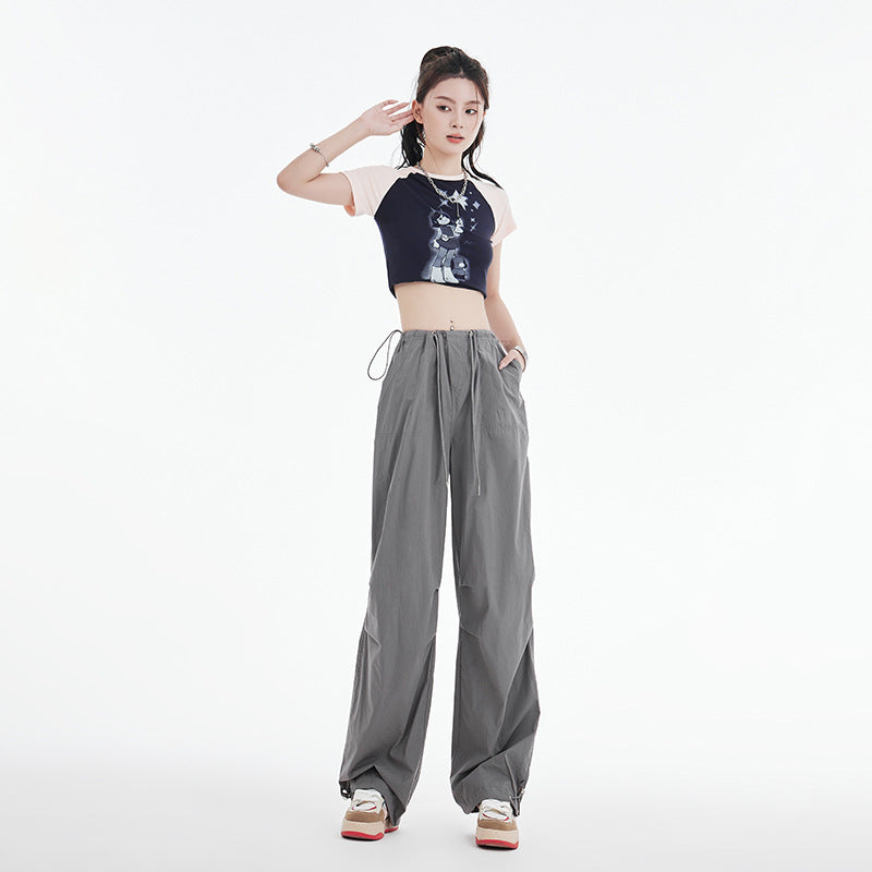 Retro Ruched Drawstring Waist Cargo Parachute Pants in Grey