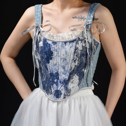 Renaissance Denim Floral Jacquard Lace Corset Top in Blue