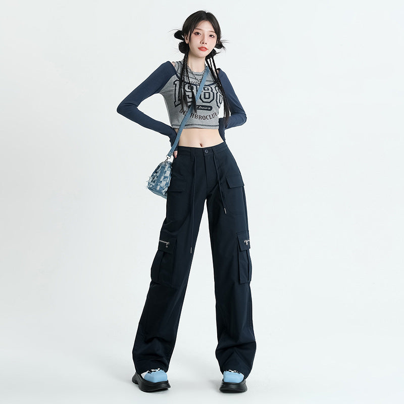 High Waist Buckle Detail Cargo Wide Leg Trousers in Navy Blue