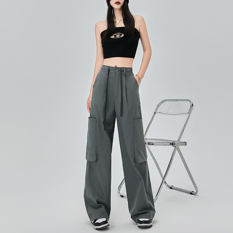 Pocket Detail Wide Leg Cargo Parachute Pants in Grey Green