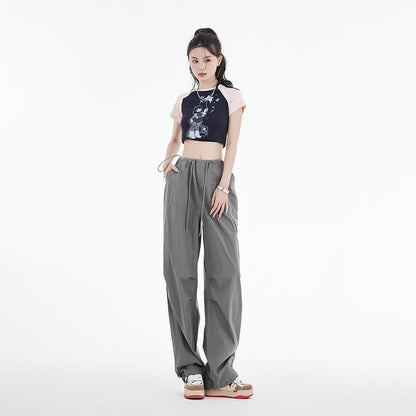 Retro Ruched Drawstring Waist Cargo Parachute Pants in Grey