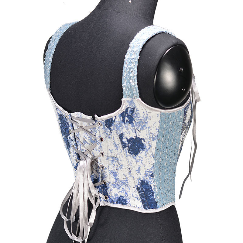 Renaissance Denim Floral Jacquard Lace Corset Top in Blue