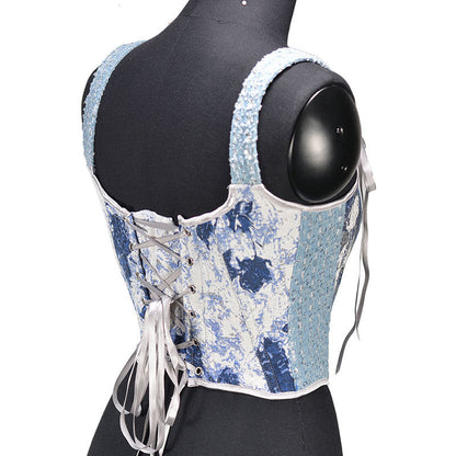 Renaissance Denim Floral Jacquard Lace Corset Top in Blue