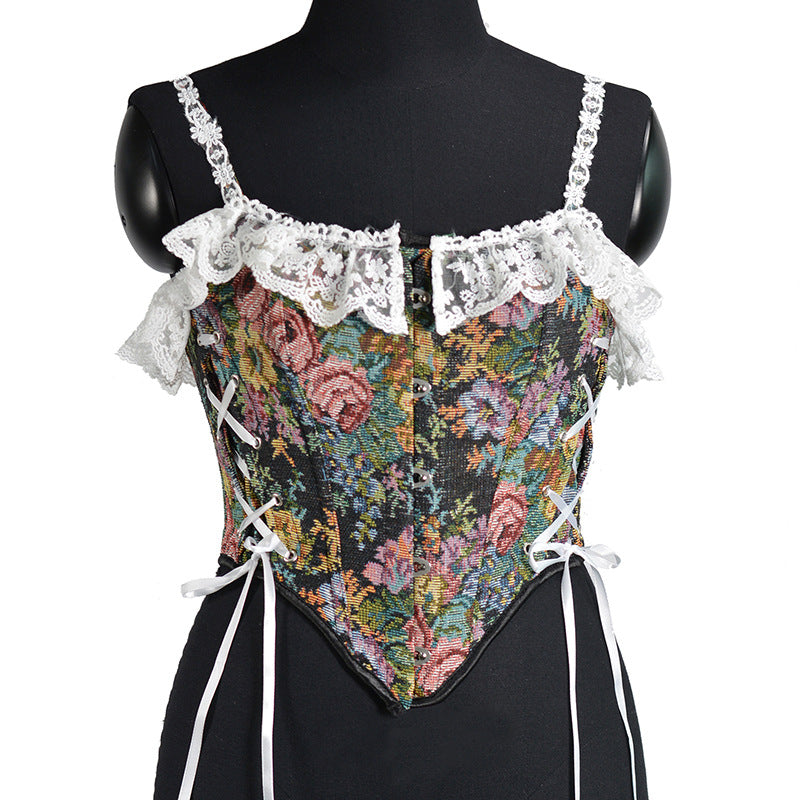 Renaissance Floral Jacquard Lace Corset Top in Beige