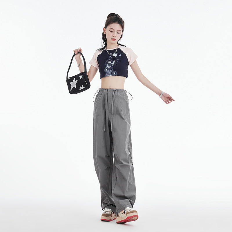 Retro Ruched Drawstring Waist Cargo Parachute Pants in Grey