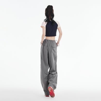 Retro Ruched Drawstring Waist Cargo Parachute Pants in Grey