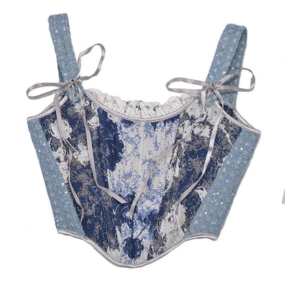 Renaissance Denim Floral Jacquard Lace Corset Top in Blue