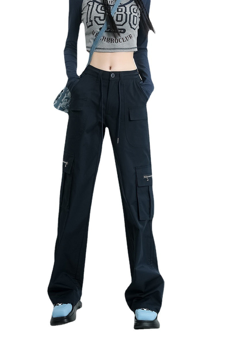 High Waist Buckle Detail Cargo Wide Leg Trousers in Navy Blue