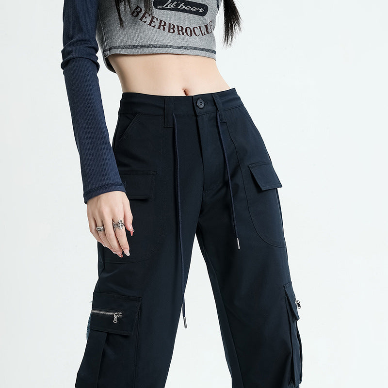 High Waist Buckle Detail Cargo Wide Leg Trousers in Navy Blue