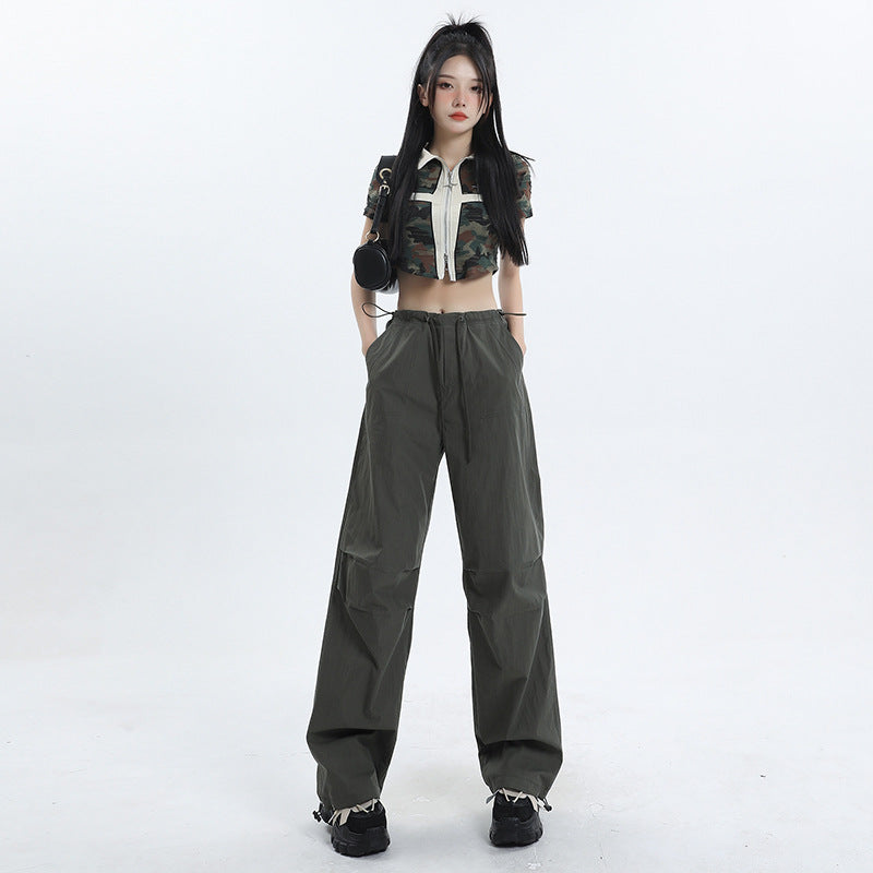 Retro Ruched Drawstring Waist Cargo Long Trousers in Grey Green