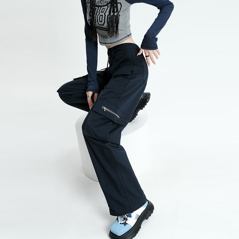 High Waist Buckle Detail Cargo Wide Leg Trousers in Navy Blue