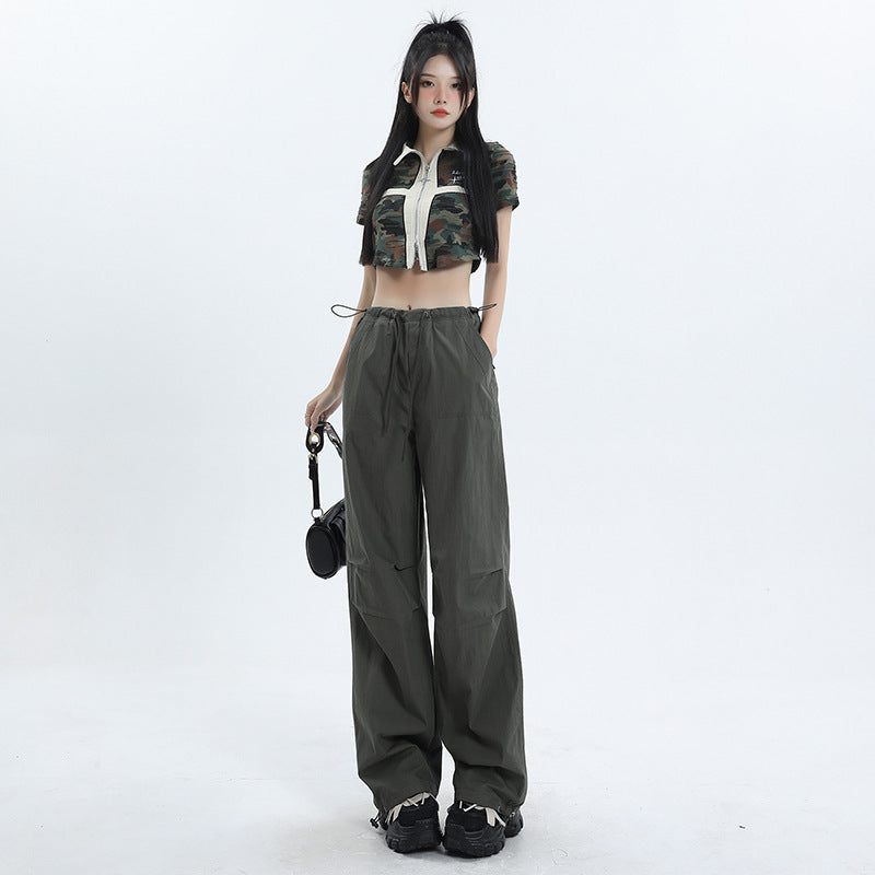 Retro Ruched Drawstring Waist Cargo Long Trousers in Grey Green