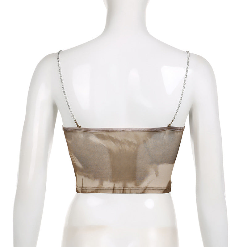 V-neck Tulle Heart Shape Cut-out Mesh Crop Top in Brown