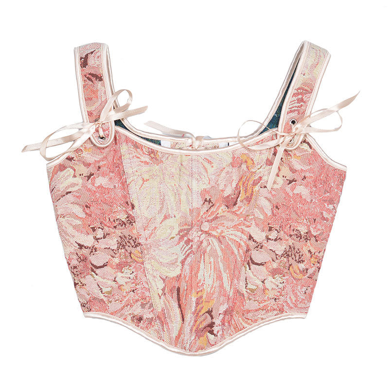 Renaissance Oil Panting Pattern Jacquard Tie-Strap Corset Top - Pink Daisy