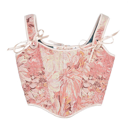 Renaissance Oil Panting Pattern Jacquard Tie-Strap Corset Top - Pink Daisy