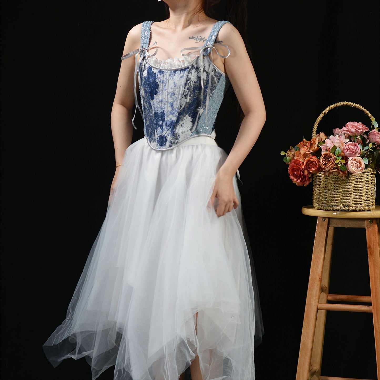 Renaissance Denim Floral Jacquard Lace Corset Top in Blue