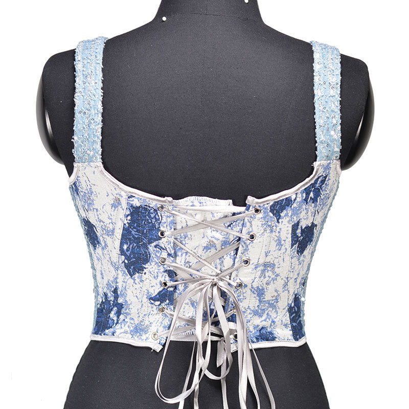 Renaissance Denim Floral Jacquard Lace Corset Top in Blue