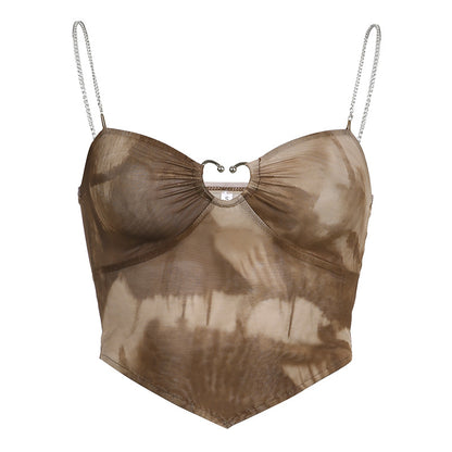 V-neck Tulle Heart Shape Cut-out Mesh Crop Top in Brown